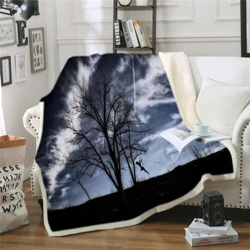 Moon Bed Blanket 3D Print Sherpa Blanket Night Sky Purple Red Soft Throw Trees Branches Spider Web Bedspreads