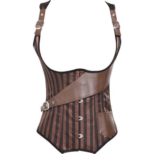 Sexy Gothic Steampunk Underbust Corset Vest 12 Steel Bones Brown Striped Buckle Straps Corset Top