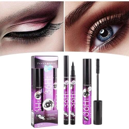 2 Pcs/set Mascara 4D Silk Fiber Eyelash Volume Lengthening Black Eye Lashes Extension Makeup Waterproof Mascara Eyeliner Kit