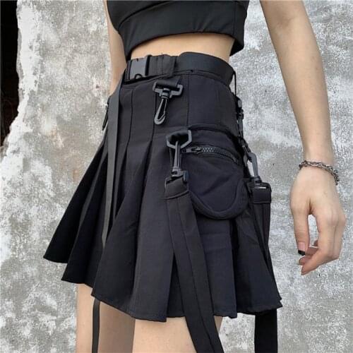 Gothic punk high waist Vintage new casual fashion women pocket summer hip hop Harajuku A-Line Cargo Plain pleated skirt