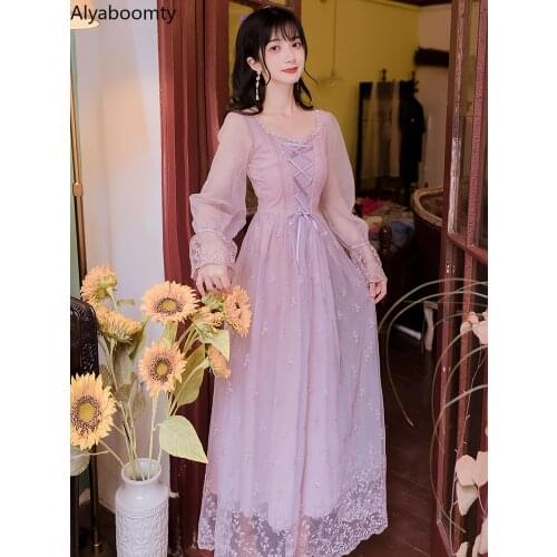 New Autumn Women Maxi Long Lace Dress French Romantic Fairy Light Purple Bandage Mesh Dress Floral Embroidery Elegant Chic Dress