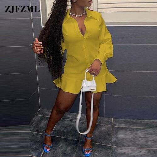 Women Chic Fashion Single-breasted Blouse Dress Sexy Turn Down Collar Full Sleeve Shirt Dresses Sweet Girls Ruffles Mini Dress