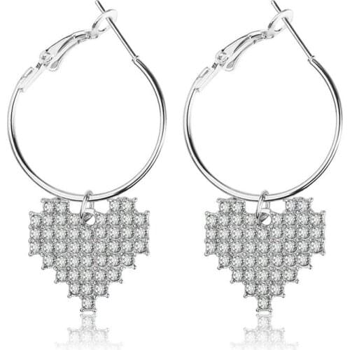 10 pairs/lot Crystal Love Heart Charm Hoop Earrings Silver Color Round Circle Loop Earring Women Simulated Pearl Eardrop Jewelry