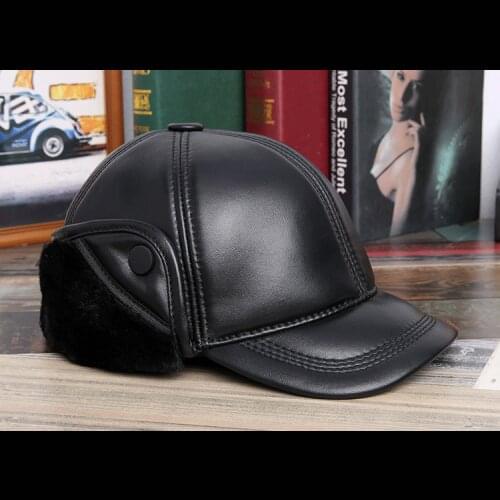 2018 Sheepskin Furry Bomber Hat Men Genuine Leather Earflap Casquette Cap Brown Big Head Winter Hat Senior Men Dad Warm Caps