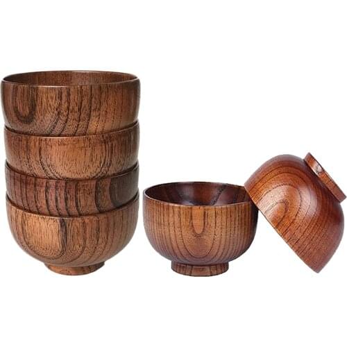 6 Pcs Wood Bowls Serving Tableware for Rice, Soup, Dip, Coffee, Tea, Decoration Wooden Salad Bowl Kitchen Cutlery Set