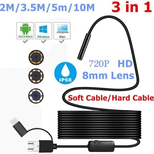 720P 8mm Endoscope Camera Usb Type-C 3 In 1 Android Camera Borescope For Android Phone PC Laptop Otoscope Inspection IP67 Camera