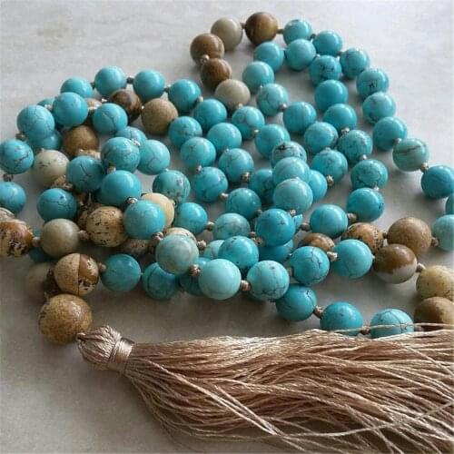 6mm Turquoise Picture Stone Knotted Tassel 108 Bead Mala Necklace Spiritua Japa Tibetan Wristband Spirituality Retro