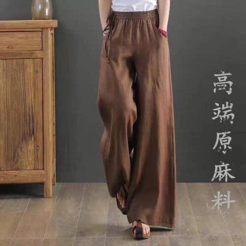 2021 Summer Thin Section Solid Color Linen Breathable Trousers Ladies Literary Retro Loose Wide-leg Big Swing Pants High Quality