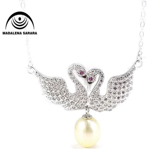 MADALENA SARARA S925 Sterling Silver Chain Necklace Cubic Zirconia Double Bird Style Pearl Pendant Necklace
