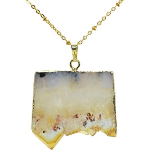 Gold Bezel single loop geode druzy stone pendant necklace natural yellow crystal quartz druzy rectangle slice pendant necklace