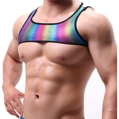Man Chest Harness Crop Tops Shiny PU Leather Tanks Fitness Muscle Body Bodybuilding Tops Gay Stage Costume Exotic Vest