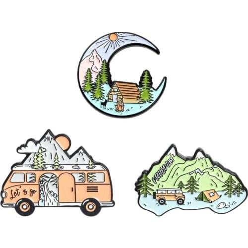 New Peak Tourist Car Tour bus Motorhome Brooches Badge Moon Mountain Cartoon Enamel Pins For friends