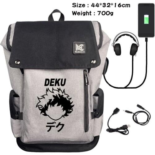 Anime My Hero Academia Laptop Bag Casual Canvas USB Charging Teenager Cartoon Backpack Headphone Travel Zip Student Schoolbag