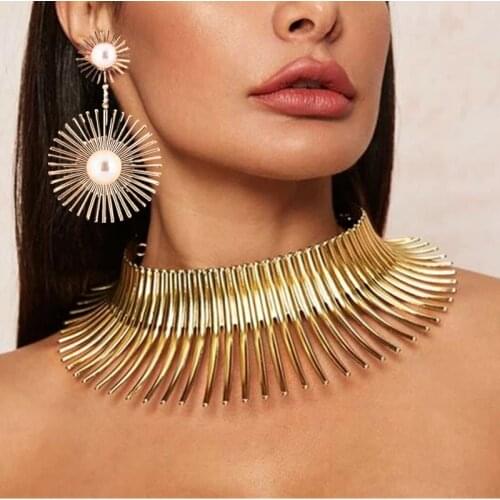 Necklace Sets For Women Earrings 2021 Trend Earrings For Girl African Fashion Gold Metal Big Exaggerated Torque Choker PunkParty