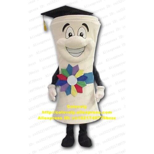 Bookish White Diploma Graduation Certificate Leaving Mascot Costume Adult Size With Black Doctorial Hat Bright Eyes No.8886 FS