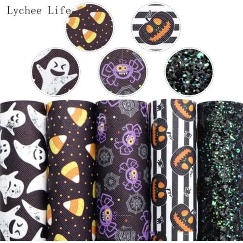 Lychee Life Halloween Theme Faux Leather Sheets 20x33cm Pumpkin Printed Synthetic Leather Fabric Diy Bows Handbags Making