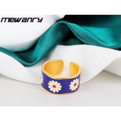 Mewanry 925 Sterling Silver Wide Rings for Women Summer New Trend Unique Blue Glue Flowers Pattern Party Jewelry Gift Wholesale