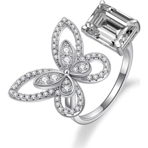 Trendy 100% 925 Sterling Silver Butterfly Adjustable Opening Wedding Rings For Women High Carbon Diamond Party Fine Jewelry Gift