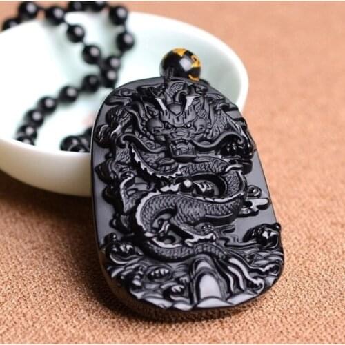 Fashion Natural Obsidian Pendant Necklace Black A Carved Zodiac Dragon Fine Carving Chinese Mascot Amulet Lucky for Men