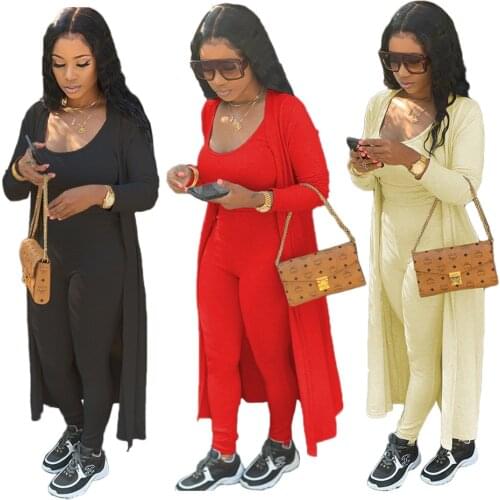 Fashion Women Two Piece Set Jumpsuit + Long Coat Streetwear Tracksuit Winter Outfits Solid Color