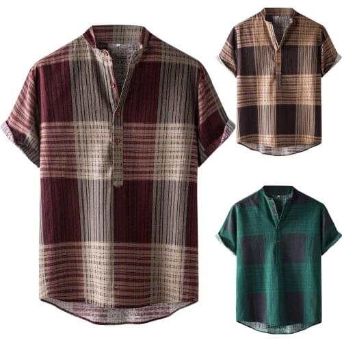Vintage Mens Shirts Fashion Casual Stripe Plaid Print Short Sleeve Stand Neck Button Pullover Shirt Top Men Clothing Camicias