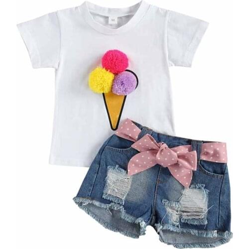 New Summer 2021 Girls Short-Sleeved Denim Ripped Pants Sweet Wind Suit Two-Piece Baby Print Top Casual Clothes 3-8 y