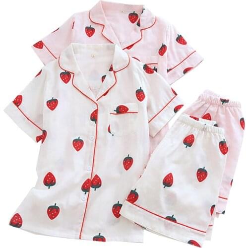 2021 Summer New Women Cute Strawberry Printed Sleepwear 2Pcs Turn-Down Collar Short Sleeve+Shorts Ladies Household Pajamas Set