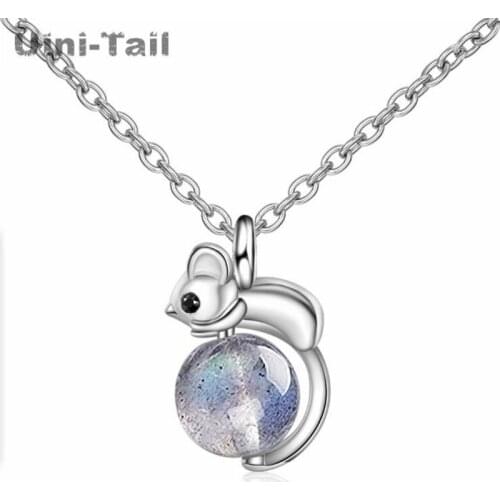 Uini-Tail Hot New Product 925 Sterling Silver Cute Mouse Pendant Necklace Natural Moonstone Fashion Trend Romantic Jewelry ED779