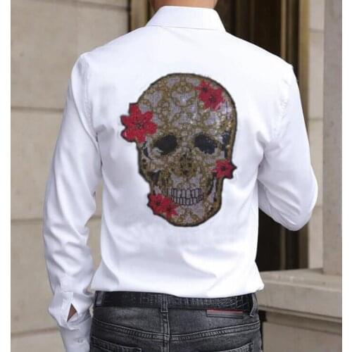 Rhinestones Skulls Shirt Men Cotton long Sleeve Streetwear Casual Breathable Men Brand Shirts