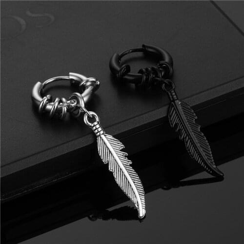 KSRA Simple Feather Pendant Earring Trendy Black & Silver Stainless Steel Hip Hop Vintage Casual Couple Gift For Women Jewelry