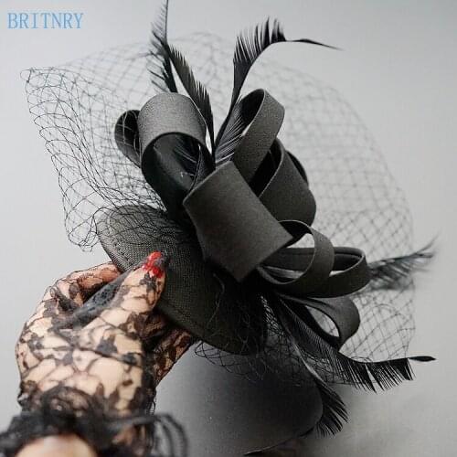 BRITNRY Handmade Wedding Hat Feather Black Fascinator for Party Hats Elegant Birdcage Veil Women Cheap Wedding Accessories