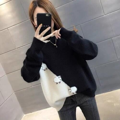 Sweater Womens Long Sleeve 2021 Autumn Winter Female Pullover Korean Loose Outerwear Patchwork Cartoons Knitted Tops Clothes