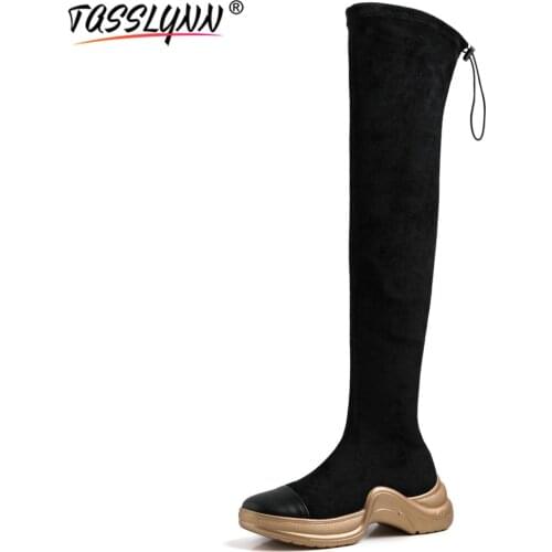 TASSLYNN 2021 Stretch Fabric Thigh High Flat Boots Slip-On Over-the-Knee Boots Round Toe Basic Designer Brand Luxury Women Shoes