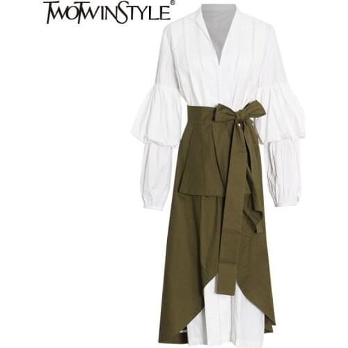 TWOTWINSTYLE High Street Set V Neck Puff Long Sleeve Mid Dress Bowknot Lace Up Asymmetrical Hem Skirt Sets Female 2021 Autumn
