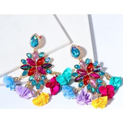 New Boho Colorful Earrings Flower Tassel Earrings For Women Rhinestones Pendant Crystal Statement Earrings Fashion Jewelry Gift
