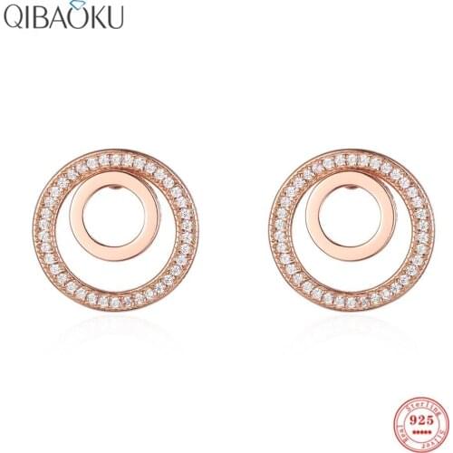 925 Sterling Silver Earrings Rose Gold Double Round Zircon Stud Earrings for Women Gift Creative Fashion Ear Jewelry