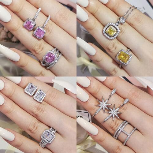 Pink Yellow 925 Sterling Silver Jewelry Set wedding ring Earring Necklace Pendant Women Anniversary Gifts Wholesale Jewelry Z19