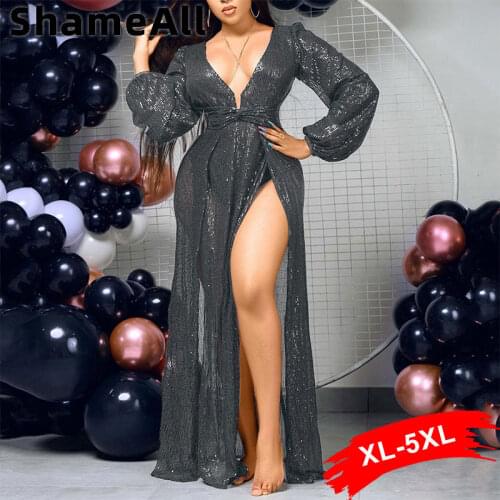 Plus Size Long Lantern Sleeve Sexy Deep V Neck Glittery Long Maxi Dress 4XL High Split Party Club Dress Tunic Sparkling Dresses