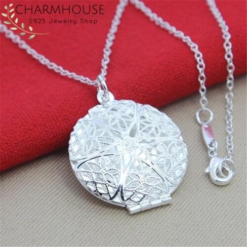 Pure 925 Silver Necklaces For Women Round Locket Pendant & Necklace Link Chain Fashion Jewelry Accessories Bijoux Gifts