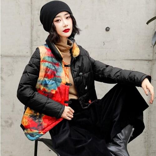 Winter Vintage Print Duck Down Coat Women Short Slim Jackets Autumn Fashion Casual Basic Parkas