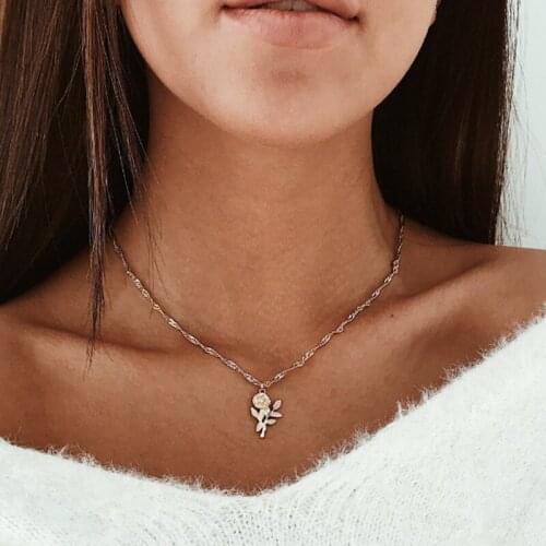 2021 Summer Fashion Rose Flower Pendant Charm Necklace for Girls Simple Gold Color Female Jewelry Gift