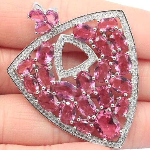 50x39mm Big Size Silver Pendant for Ladies 14g Delicate Fine Cut Created Pink Tourmaline Bridal Jewelry Dating Engagement