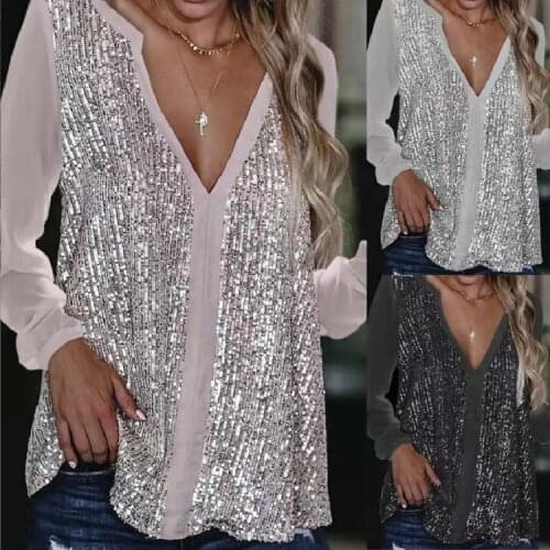 Women Elegant Long Sleeve Sequin Blouses Shirt Sping Summer Casual V-Neck Loose Pullover Tops Office Lady Blusa