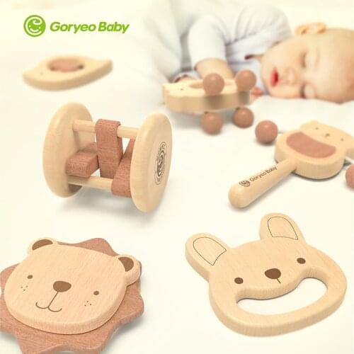 Baby Wooden Hand Ringing Gift Box Set Grasp Shape Cartoon Hand Ringing Newborn Toy 0-2 Years Old Exercise Babys Ability