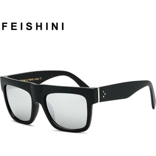 FEISHINI Flat White Top Sunglasses Oversize Goggles Mens Square Sunglasses Women Fashion Famous Brand Rivet Black Vintage Shades