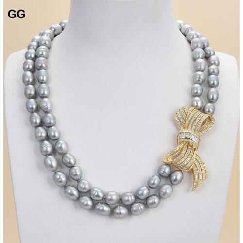 GG Jewelry 19"-20" 2Strands Grey Rice Pearl Necklace CZ Pendant