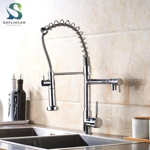 Chrome Pull Down Kitchen Sink Faucet Deck Mounted 360 Swivel Handheld Shower Kitchen Mixer Crane Hot Cold 3 Outlet Spring Taps