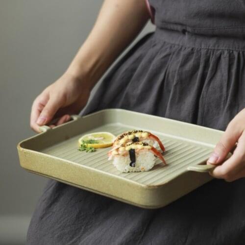 Ceramic Binaural Baking Pan Rectangular Retro Tableware Household Oven Special Dish Plate Restaurant Dinner Plate Japanese Style