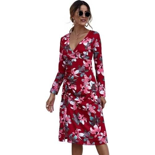 Summer Women Floral Printed Long Sleeve Dress High Waist Fashion V-neck Elegant Midi Dresses Holiday Party Dress