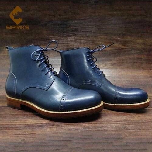 Sipriks Mens Dark Blue Ankle Boots Gentleman Male Cowboy Boot Italian Handmade Goodyear Welted Shoes Derbies Round Toe Euro 45